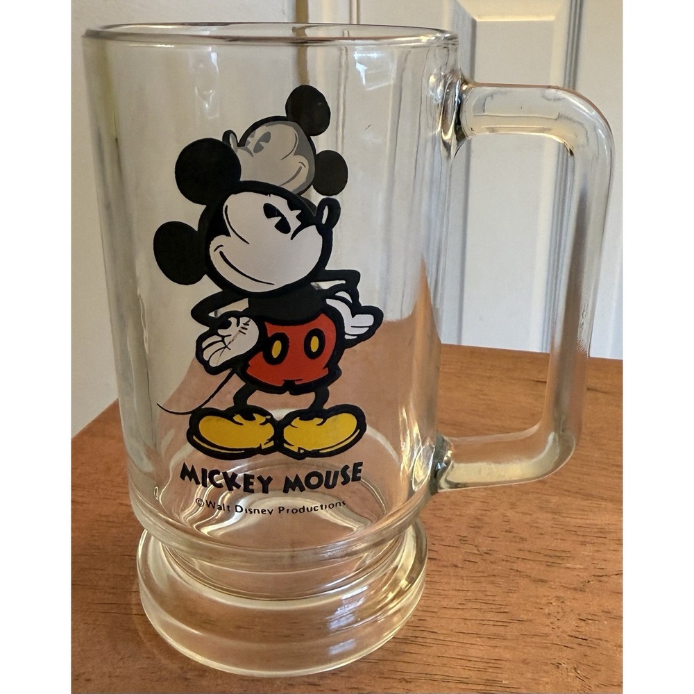 Vintage Walt Disney Productions Mickey Mouse Clear Glass Stein Mug Cup W/ Handle